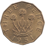 1951 BRASS THREEPENCE ( AUNC ) REF 25