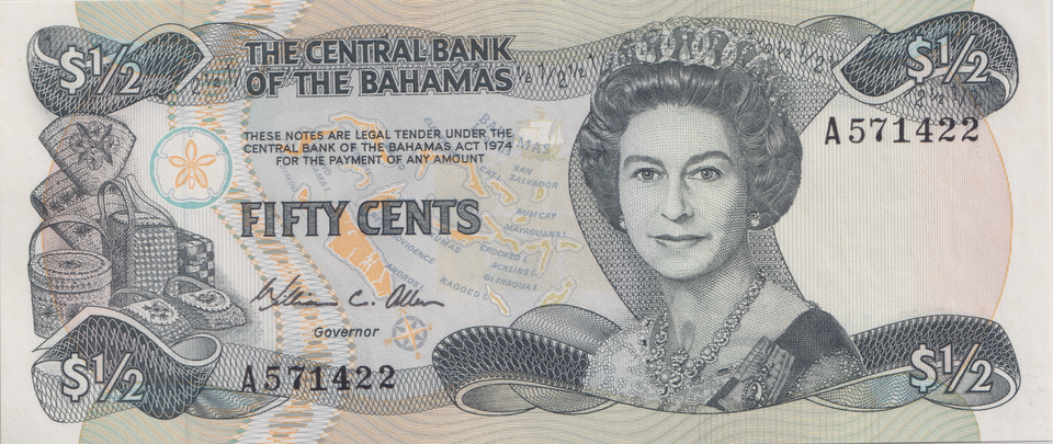 1974 FIFTY CENTS BAHAMAS BANKNOTE REF-1759