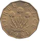 1951 BRASS THREEPENCE ( AUNC ) REF 23