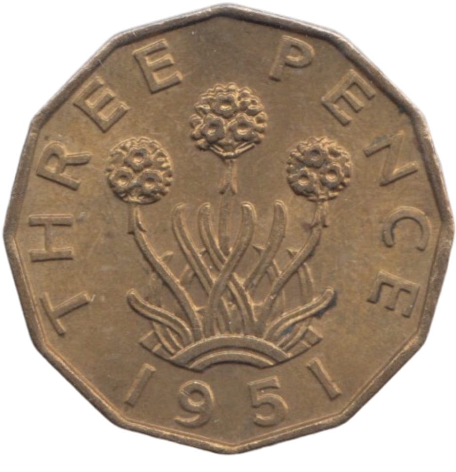 1951 BRASS THREEPENCE ( AUNC ) REF 22