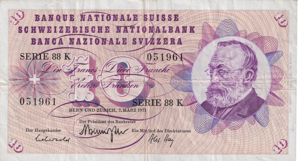 1973 SWITZERLAND 10 FRANCS BANKNOTE REF-1715