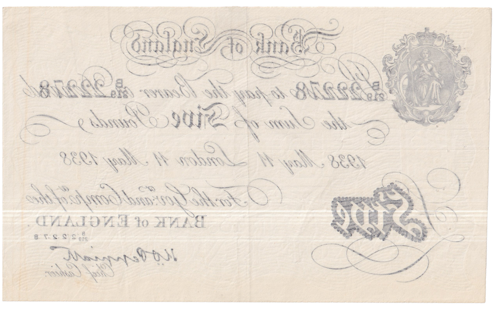 1938 WHITE FIVE POUND NOTE MAY 11TH LONDON BANK OF ENGLAND PEPPIATT OPERATION BERNHARD B5-£5