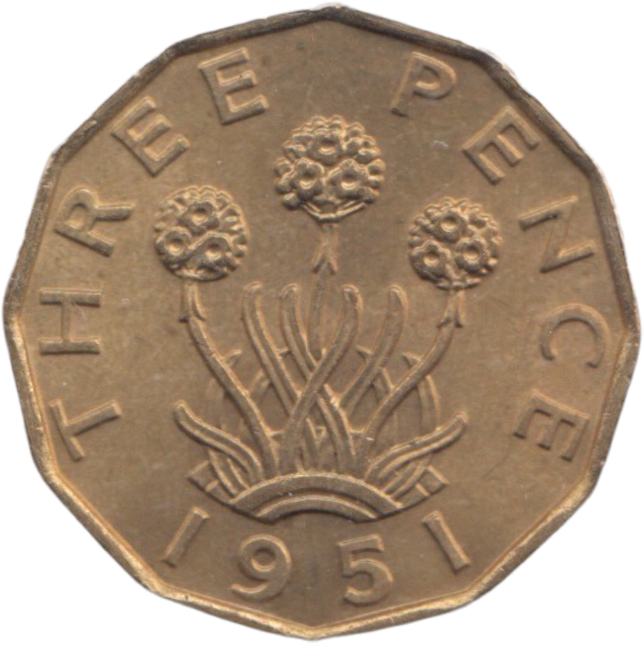 1951 BRASS THREEPENCE ( AUNC ) REF 1
