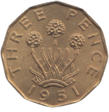 1951 BRASS THREEPENCE ( AUNC ) REF 1