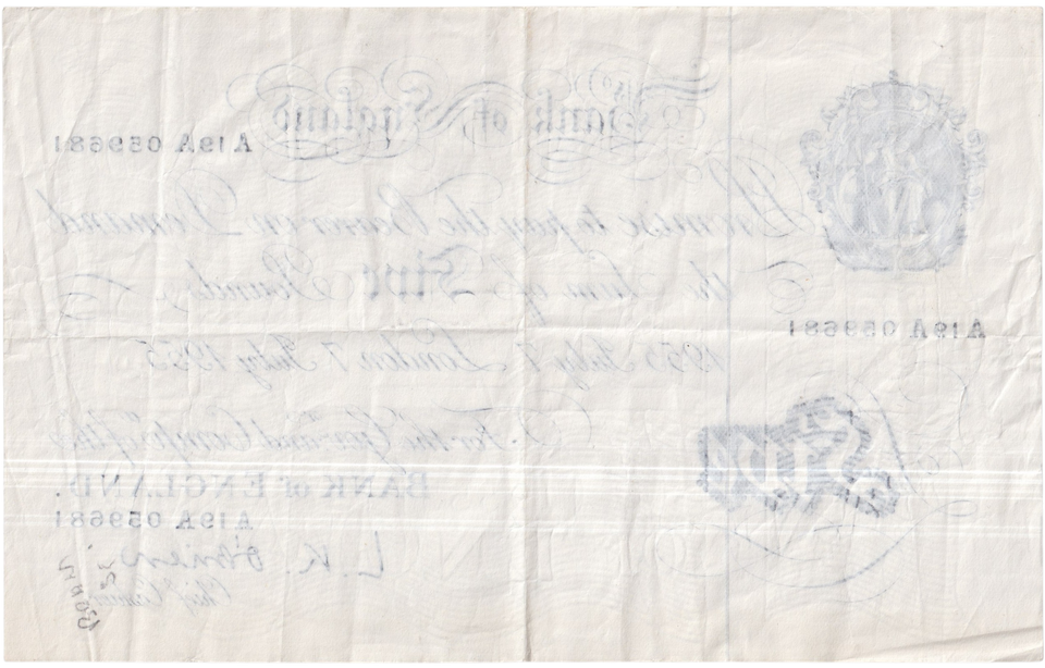 1955 WHITE FIVE POUND NOTE JULY 7TH LONDON BANK OF ENGLAND O'BRIEN W£5-49