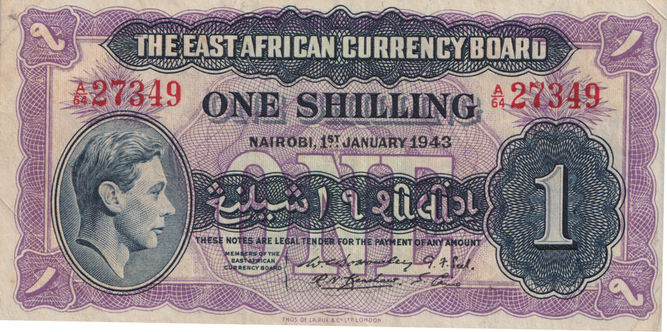 1943 ONE SHILLING EAST AFRICA BANKNOTE REF-1864