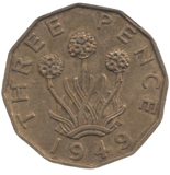 1949 BRASS THREEPENCE ( GVF ) REF 4