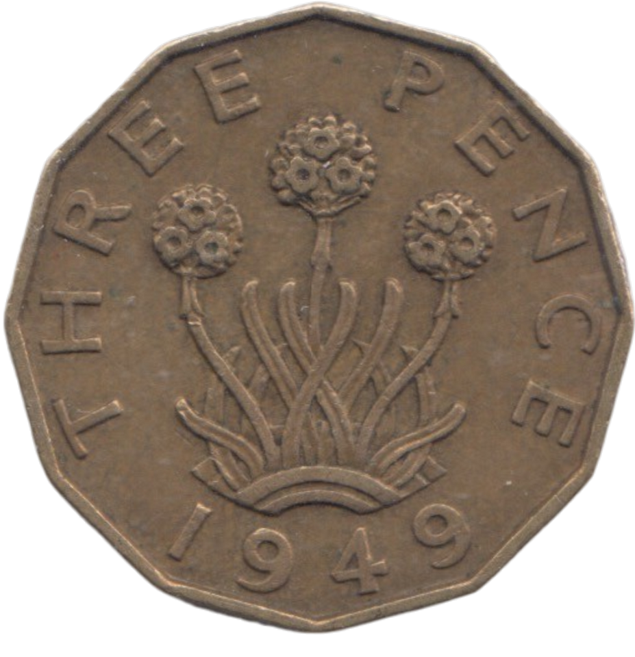 1949 BRASS THREEPENCE ( GVF ) REF 6