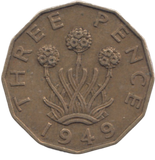 1949 BRASS THREEPENCE ( GVF ) REF 6