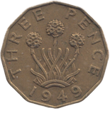 1949 BRASS THREEPENCE ( GVF ) REF 7
