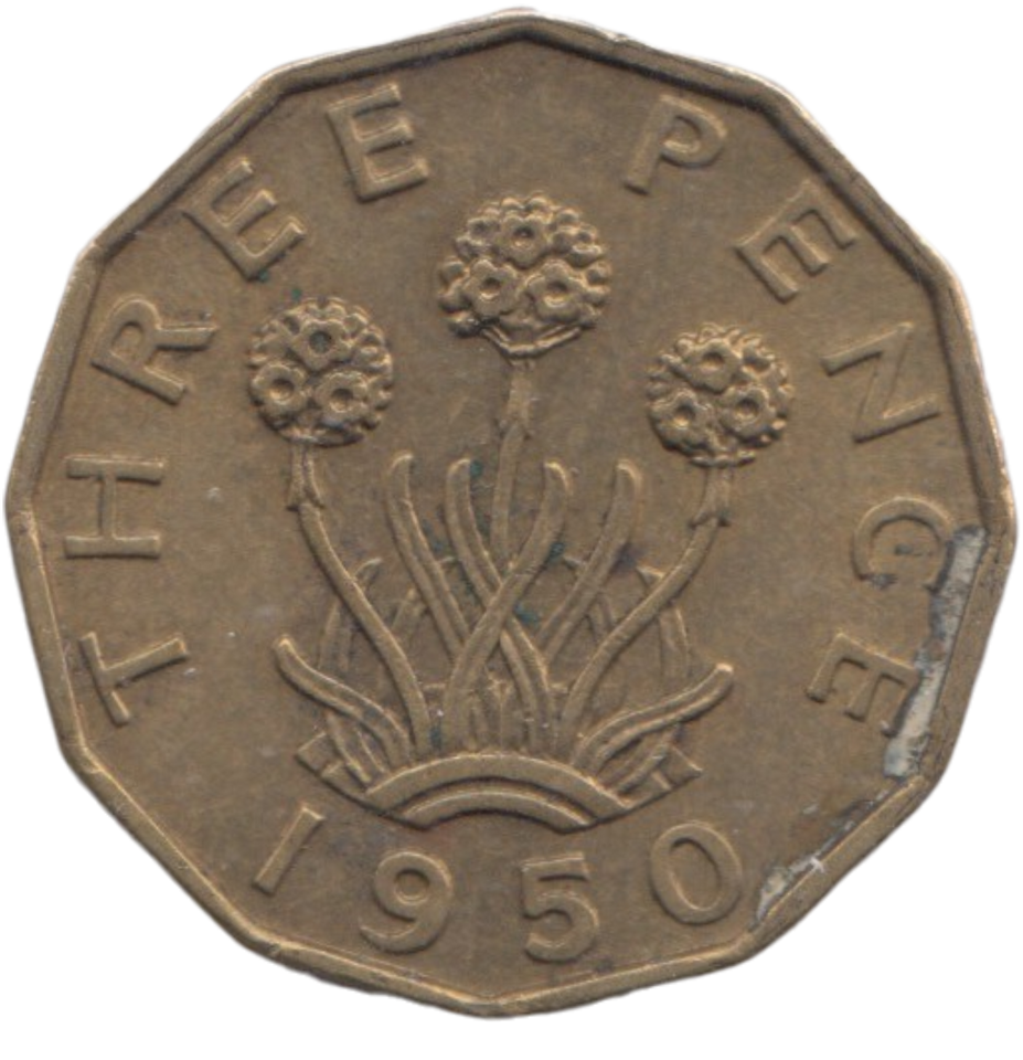 1950 BRASS THREEPENCE ( AUNC ) REF 21