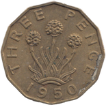 1950 BRASS THREEPENCE ( AUNC ) REF 21