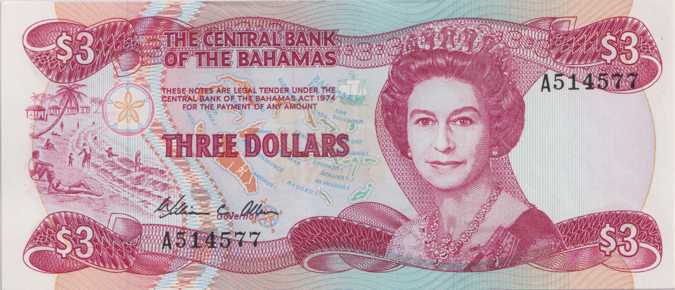 1974 THREE DOLLARS BAHAMAS BANKNOTE REF-1761