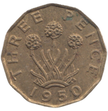 1950 BRASS THREEPENCE ( AUNC ) REF 18