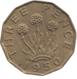 1950 BRASS THREEPENCE ( AUNC ) REF 17