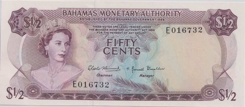 1968 FIFTY CENTS BAHAMAS BANKNOTE REF-1755