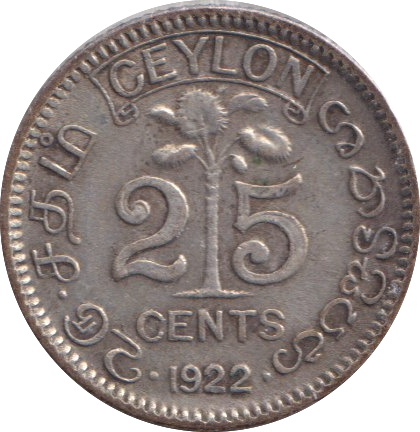 1922 SILVER 25 CENT CEYLON