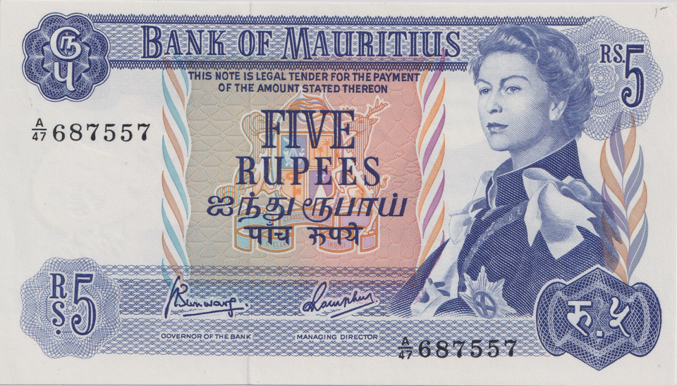 1967 FIVE RUPEES MAURITIUS BANKNOTE REF-1836