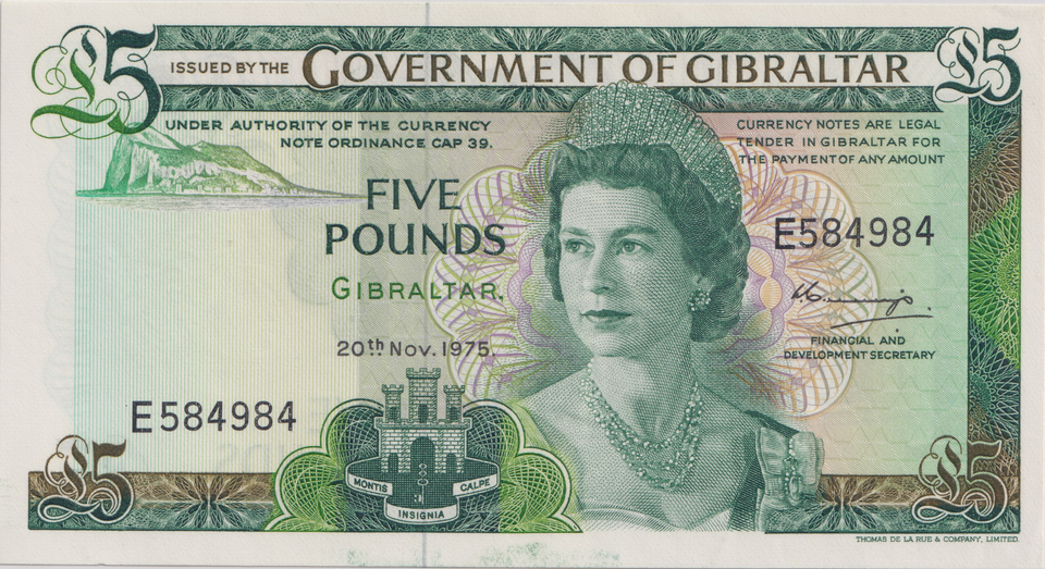 1975 FIVE POUNDS GIBRALTAR BANKNOTE REF-1808