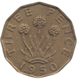 1950 BRASS THREEPENCE ( AUNC ) REF 12