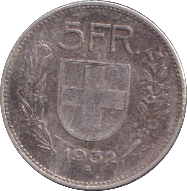 1932 SILVER 5 FRANCS SWITZERLAND