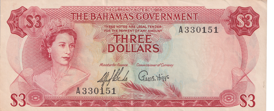 1965 BAHAMAS 3 DOLLARS BANKNOTE REF-1848