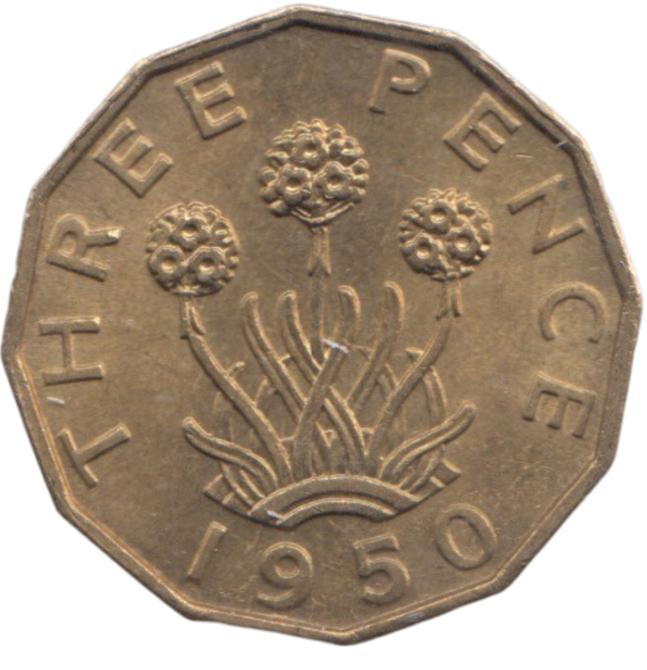 1950 BRASS THREEPENCE ( AUNC ) REF 10