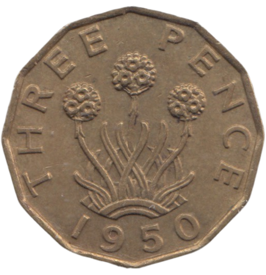 1950 BRASS THREEPENCE ( AUNC ) REF 9