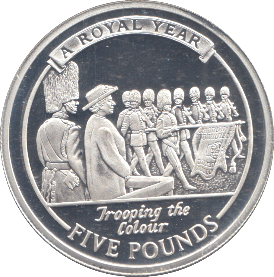 2005 SILVER PROOF FIVE POUNDS TROOPING THE COLOUR