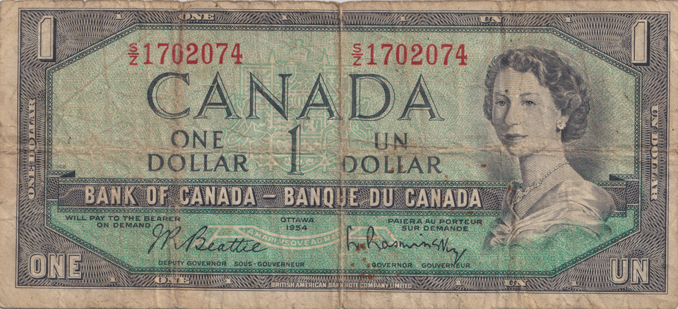 1954 ONE DOLLAR CANADA BANKNOTE REF-1775