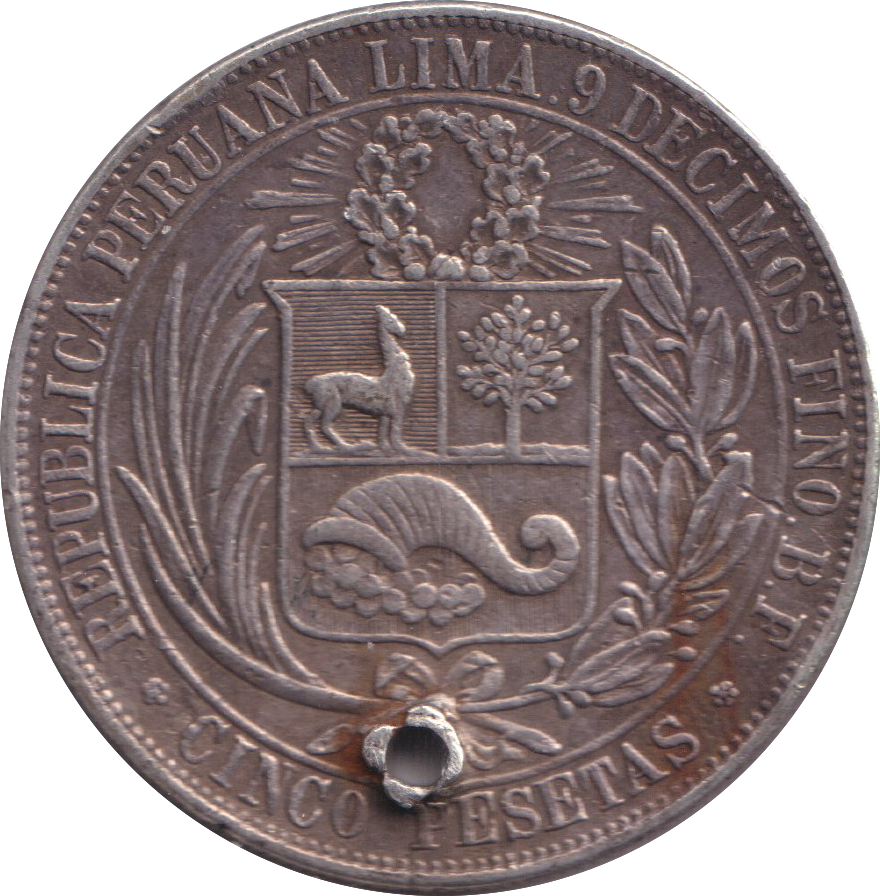 1880 SILVER HOLED 5 PESETAS PERU