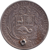 1880 SILVER HOLED 5 PESETAS PERU