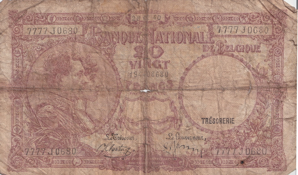 1940 BELGIUM 20 FRANCS BANKNOTE REF-1701