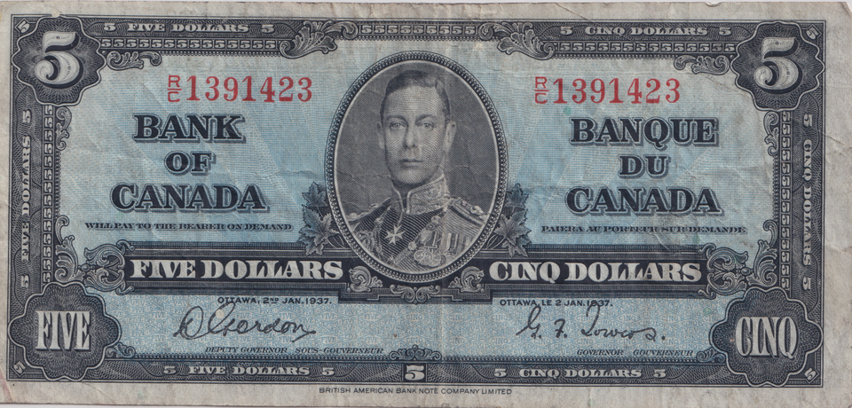 1937 FIVE DOLLARS CANADA BANKNOTE REF-1781