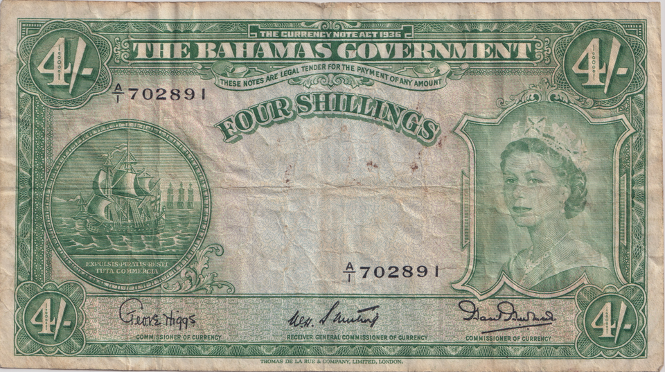 1953 FOUR SHILLINGS BAHAMAS BANKNOTE REF-1820