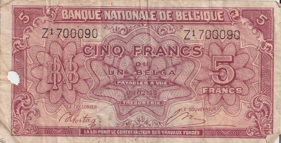 1943 BELGIUM 5 FRANCS BANKNOTE REF-1693