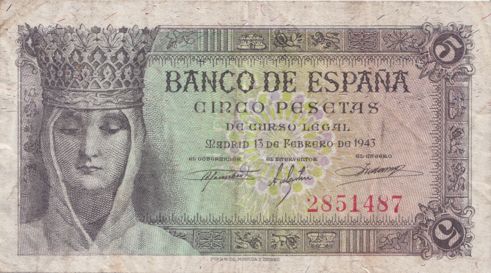 1943 5 PESTAS BANKNOTE SPAIN REF-1646