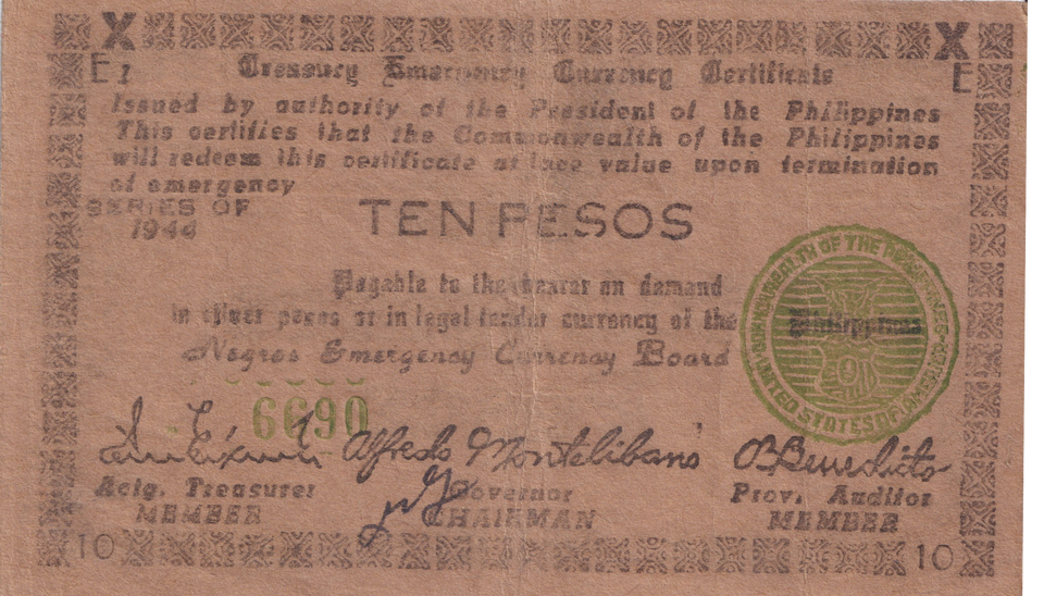 1944 PHILIPPINES TEN PESOS CERTIFICATE REF-1710