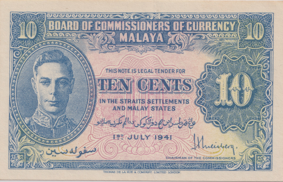 1941 TEN CENTS MALAYA BANKNOTE REF-1832