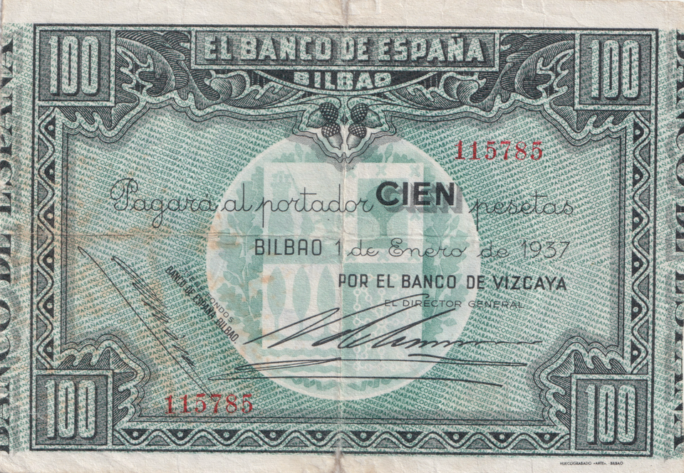 1937 100 PESTAS BANKNOTE SPAIN BILBAO REF-1644