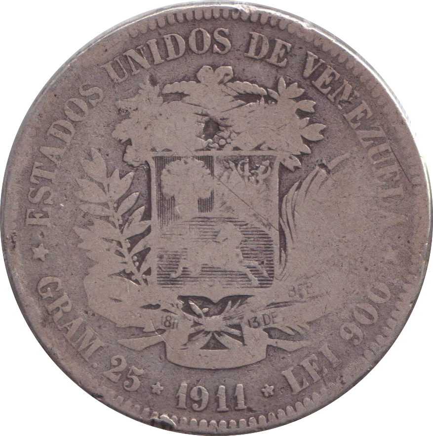 1911 SILVER 5 BOLIVARES VENEZUELA