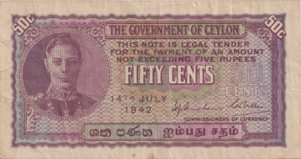 1942 FIFTY CENTS CEYLON BANKNOTE REF-1786