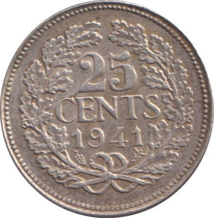 1941 SILVER 25 CENTS NETHERLANDS