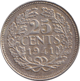 1941 SILVER 25 CENTS NETHERLANDS