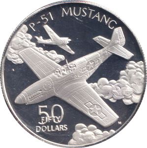 1991 SILVER PROOF FIFTY DOLLARS P-51 MUSTANG