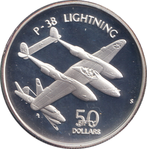 1991 SILVER PROOF FIFTY DOLLARS P-38 LIGHTNING