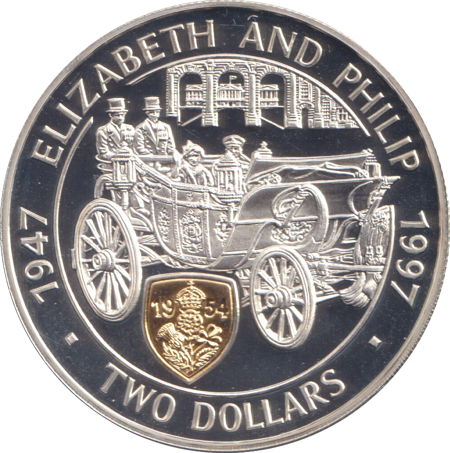 1997 SILVER PROOF TWO DOLLARS KAYMAN ISLANDS ELIZABETH AND PHILLIP
