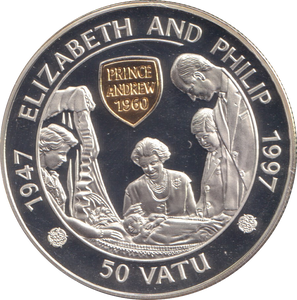 1997 SILVER PROOF FIFTY VATU VANUATU ELIZABETH AND PHILLIP