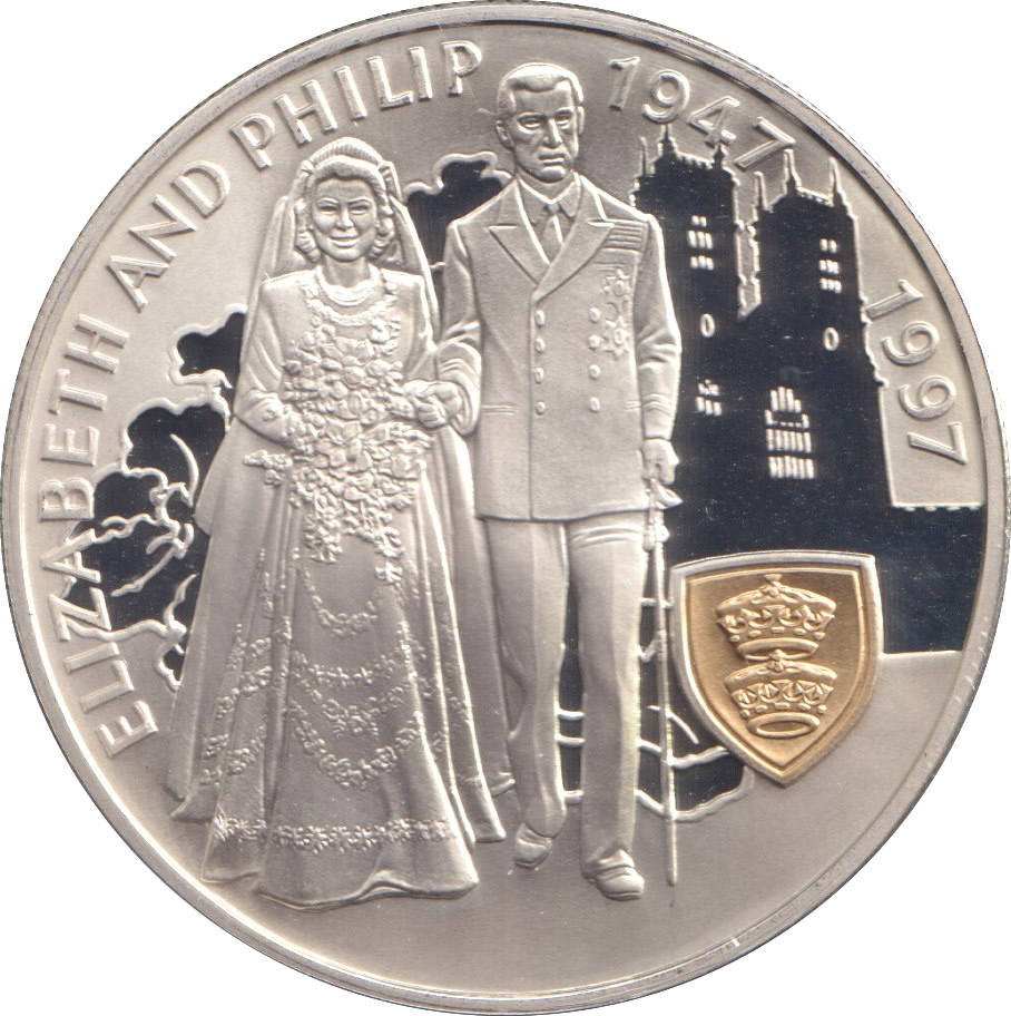 1997 SILVER PROOF 5 POUNDS FALKLAND ISLANDS ELIZABETH AND PHILLIP