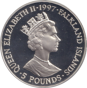 1997 SILVER PROOF 5 POUNDS FALKLAND ISLANDS ELIZABETH AND PHILLIP
